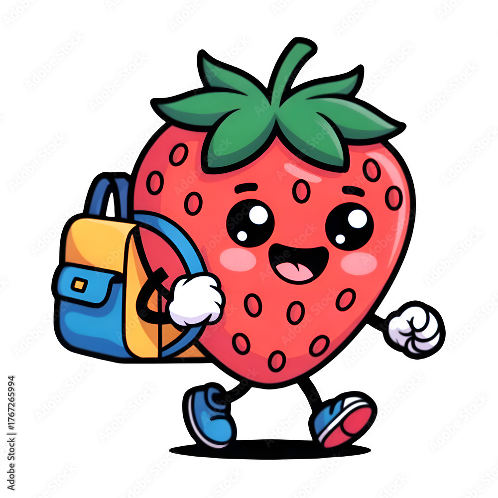 Obraz premium Cute strawberry cartoon character going to school – kawaii fruit mascot with backpack illustration for kids and education design
