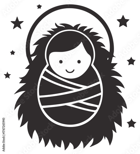 Cute baby Jesus in a manger with a halo and stars, a black and white nativity scene illustration.