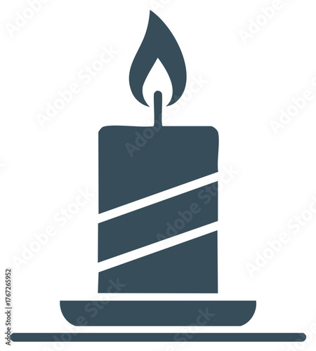 Decorative candle graphic. Dark blue silhouette of burning candle with stripes on a plate