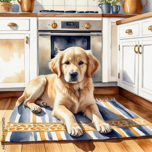 A gentle retriever lies patiently on the kitchen floor, its eyes focused with quiet anticipation. Its tail rests still, but there’s a subtle sense of eagerness in its posture