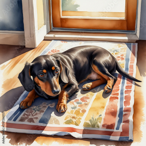 A small dachshund lies curled beside a closed door, resting quietly as if waiting for someone to return. Its long body stretches along the floor, with soft ears relaxed and eyes calm and watchful. The