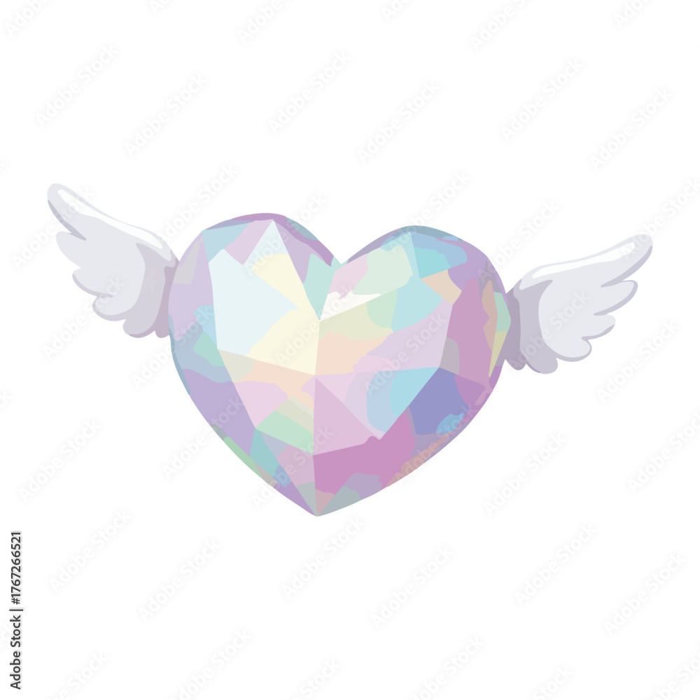 Obraz premium Cute 3D vector icon of a floating crystal heart with holographic glow and tiny wings