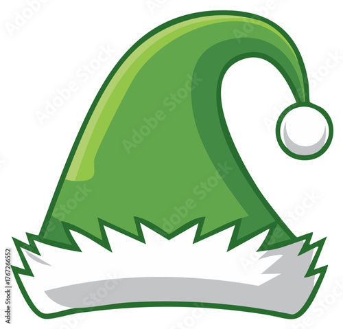 Green elf hat with white trim and pom pom illustration
