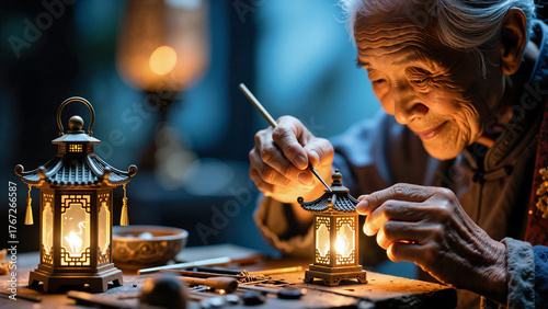 Elderly Asian Artisan Handcrafting Traditional Lantern At Cultural Fair