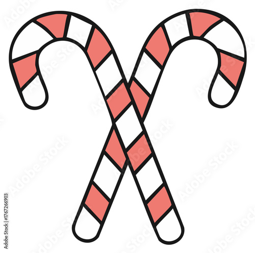 Two crossed Christmas candy canes with red and white stripes vector illustration