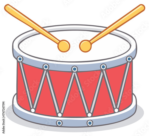 Illustration of a Red Drum with Drumsticks Isolated on White, Musical Instrument