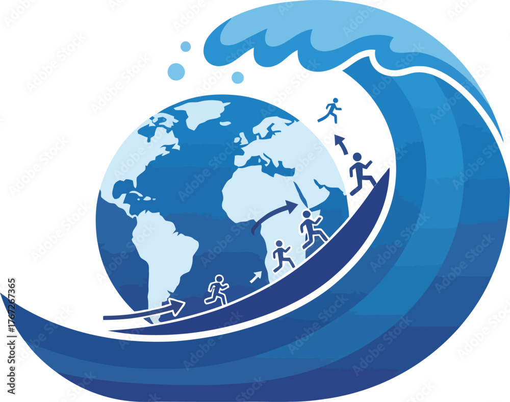 Naklejka premium Illustration of a large wave engulfing the Earth with people running away from it.