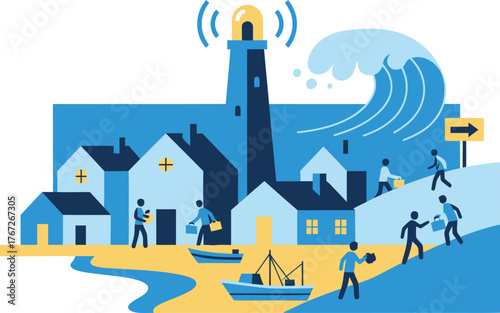 Illustration of a coastal town with a tsunami warning and people evacuating.