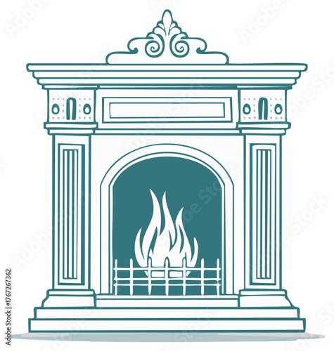 Stylized classic fireplace illustration featuring a warm burning fire and elegant architectural details