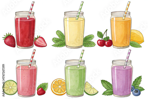 Set of colorful fruit smoothies refreshing summer drinks vector illust