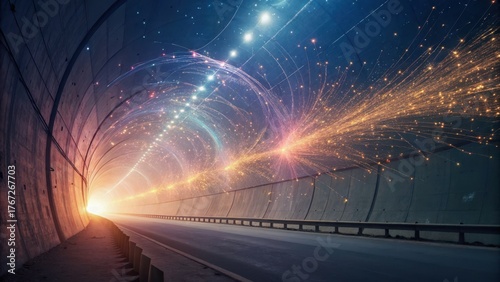 quantum physics concept art Futuristic tunnel with vibrant light trails and a glowing exit.