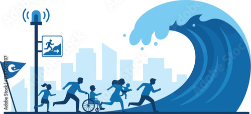 Illustration of a tsunami approaching a city with people running away from the wave.