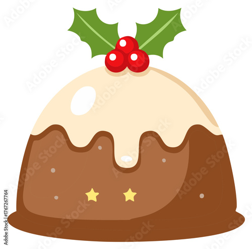 Cartoon Christmas pudding with holly berries and decorative stars