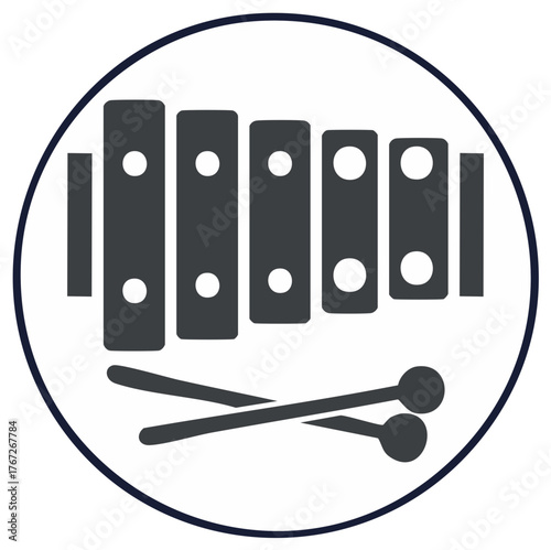 Minimalist xylophone icon with mallets. Simple flat vector graphic of a percussion musical instrument.