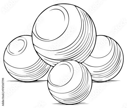 Group of Round Striped Balls for Lawn Games, Graphic Line Art Illustration, Outdoor Leisure Equipment