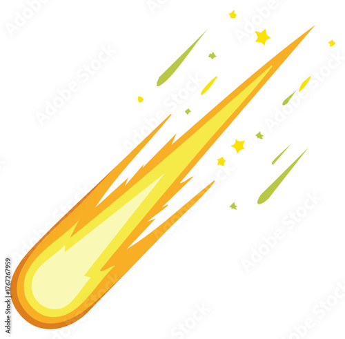 Bright yellow and orange comet with trailing fire streaks and stars in motion
