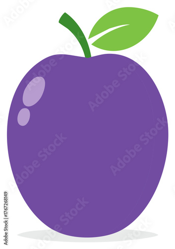 Stylized Purple Plum with Green Leaf and Stem