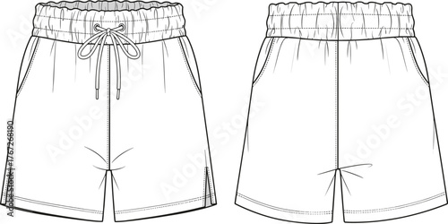 Casual elastic waist drawstring shorts technical fashion flat, front and back view apparel template, cad drawing flat vector illustration