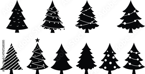  Christmas tree icon collection, black and white festive pine illustrations, holiday graphic elements, minimal seasonal design, vector set for winter decoration
