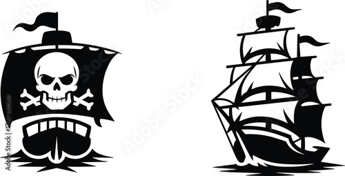 Pirate ship illustration, vintage sailing vessel drawing, nautical adventure artwork, skull and crossbones design, maritime history, ocean exploration graphic