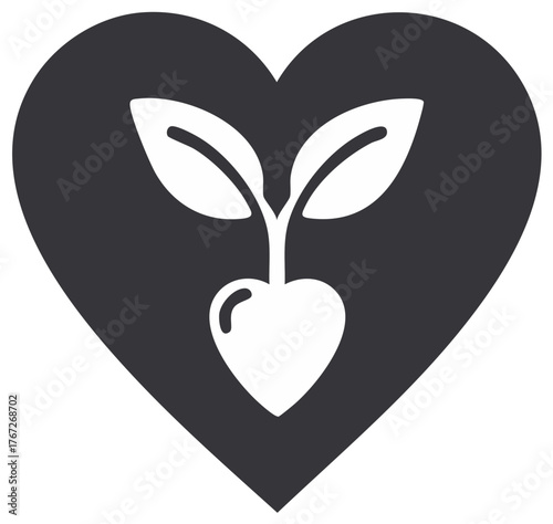 Heart shape icon with growing sprout and leaves symbolizing love and new life