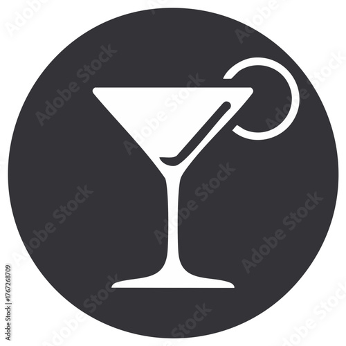 Minimalist martini cocktail glass icon with garnish on dark circular background representing drinks and nightlife