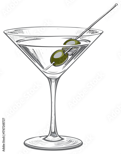 Classic martini cocktail drink with green olives in elegant line art illustration