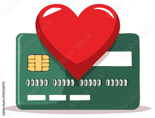 Green credit card with golden chip and a large red heart on it, financial love