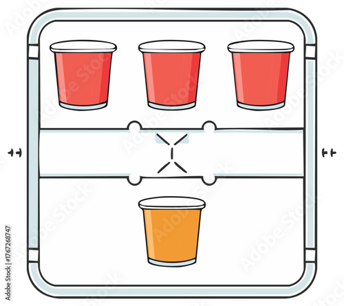 Cartoon illustration of a multipack caddy with one unique orange cup standing out from the red ones