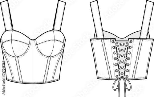 Corset bustier top technical fashion flat with straps, front and lace-up back view apparel template, cad drawing flat vector illustration