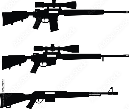 Rifle silhouette set, sniper and military guns, black and white vector illustration, firearm collection, tactical weapon design, hunting shooting artwork