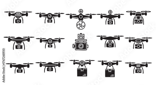 Collection of drone icons with camera in a simple black style