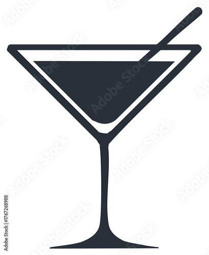 Minimalist dark silhouette of a martini glass with a stirrer filled with liquid