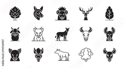 Collection of six animal and plant icons in minimalist style vector
