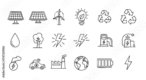 Collection of renewable energy and environmental sustainability icons in black outline