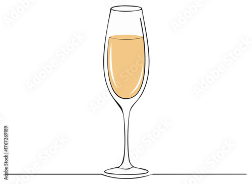 Elegant champagne flute filled with bubbly golden liquid and stem on a subtle line