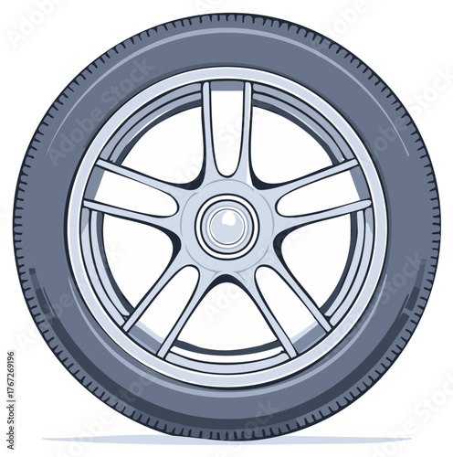 Close up of a stylized car wheel with five spokes and a dark tire