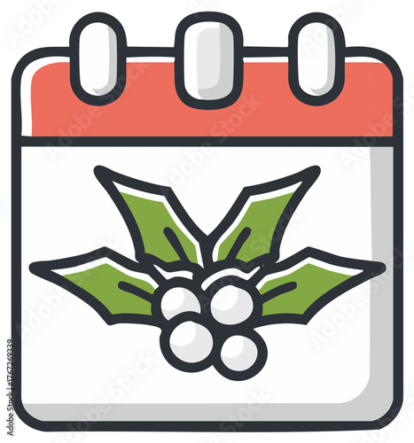 Festive calendar page illustration with holly sprig, white berries, and red header