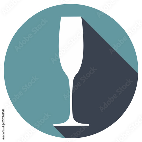Champagne flute flat design icon with long shadow inside a teal blue circle vector illustration