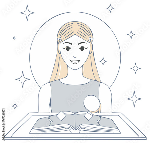 Smiling young woman with long blonde hair reading an open magical book under sparkling stars