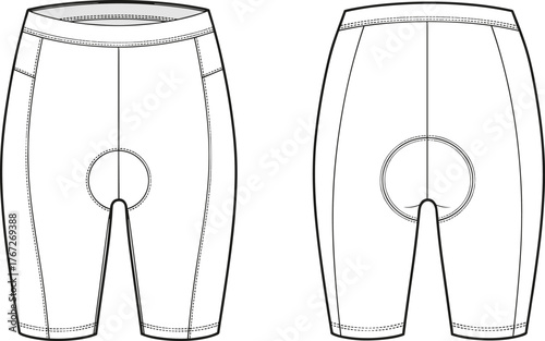 Cycling padded shorts technical flat sketch, front and back view detailed sportwear fashion CAD drawing, vector illustration for apparel design template
