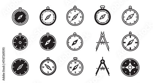 Compass icons collection for navigation and direction finding with pointer arrows