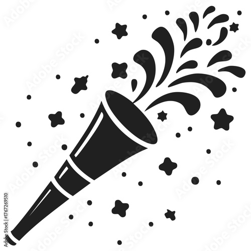 Party popper exploding with confetti and star shapes illustration