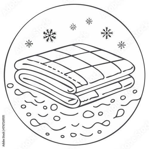 Cozy Folded Quilted Blankets and Snowflakes Winter Comfort Line Art Icon