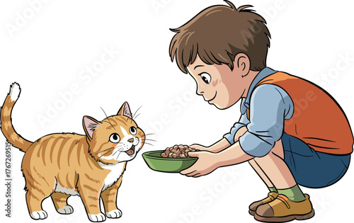 Cute boy feeding cat illustration, child with pet, kindness and care concept, friendship between kid and animal, adorable cartoon scene