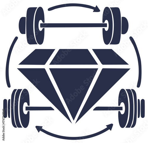 Diamond icon surrounded by barbells with arrows indicating strength, transformation, and personal value in fitness