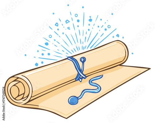 Illustration of a rolled parchment scroll tied with a blue string, emanating magical sparks.