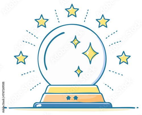 Mystical crystal ball surrounded by glowing stars and magical sparkles