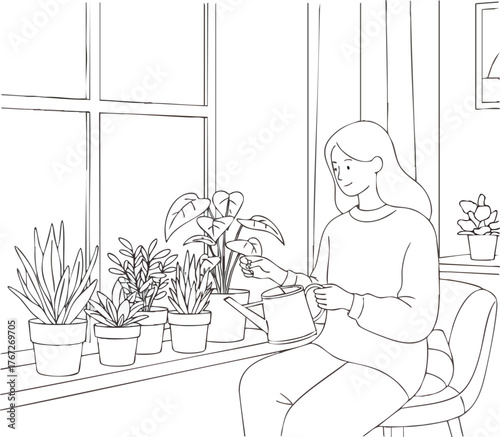 Woman watering houseplants by the window enjoying a peaceful moment.