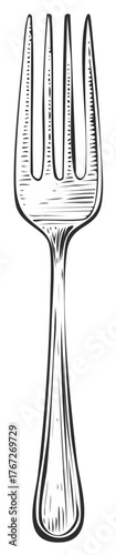 Single Metal Fork with Three Prongs: Hand-Drawn Style Graphic Illustration of Utensil